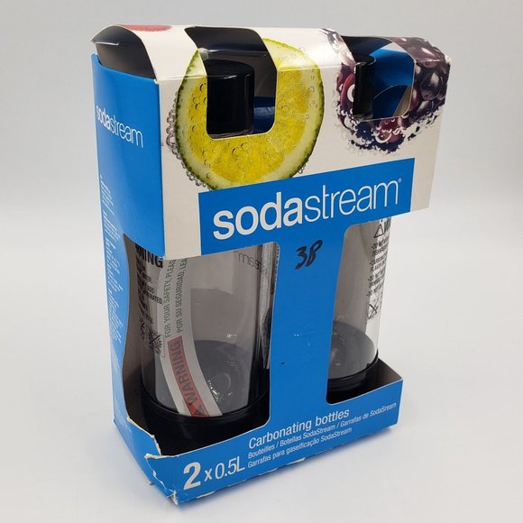 SodaStream Twin Pack of 0.5L Carbonating Bottles Clear with Black Tops NEW - Picture 2 of 8